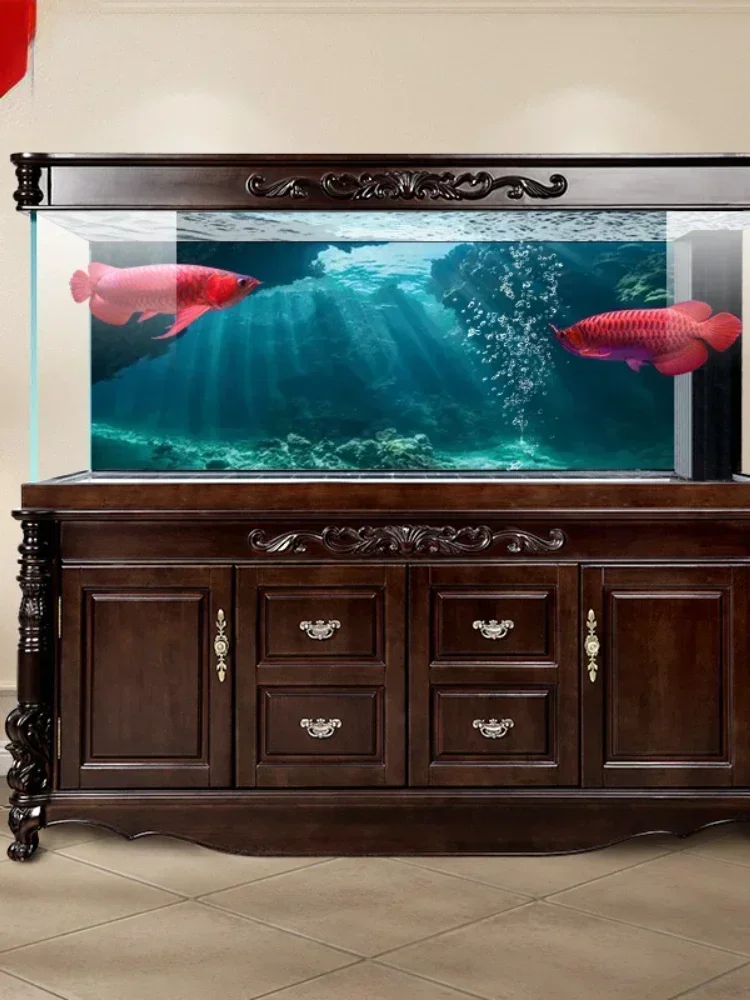 Room Large Screen Bottom Filter Chinese Custom Solid Wood Home Office Ecological Super White Glass Dragon Fish Tank