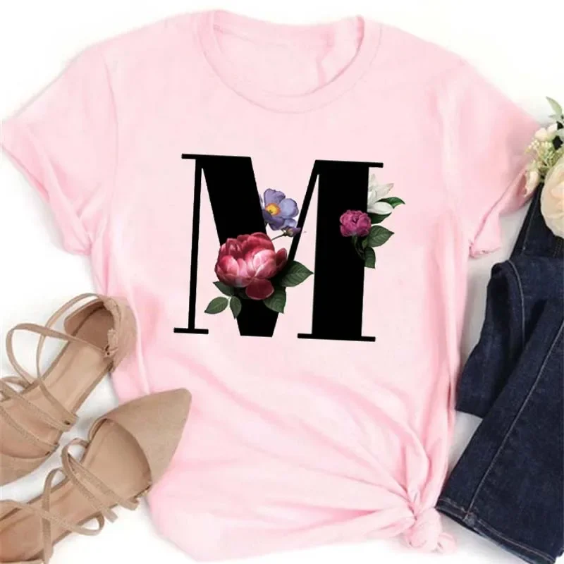 

New Women T Shirt Custom Name Letter Combination Font A B C D Fahshion Letter Printed Female Tee Pink Shirt Tops