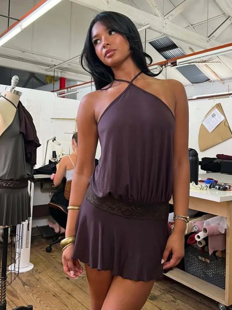 Articat sexy pendurado colarinho sem costas magro conjunto de duas peças para mulheres cor sólida topo mini saia conjunto primavera verão nova férias praia