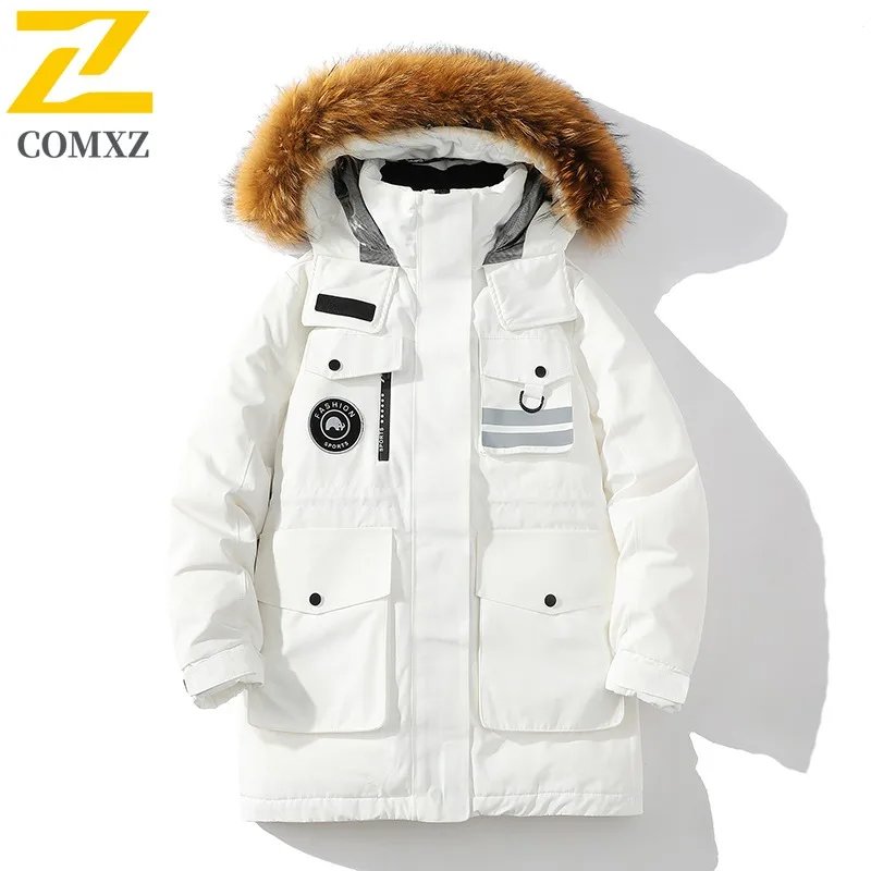 COMXZ Mens Puffer Coat Fur Collar Hooded Outdoor Camping Anti-Cold Parka Casual Street Style Windproof Warm Autumn Winter Coat
