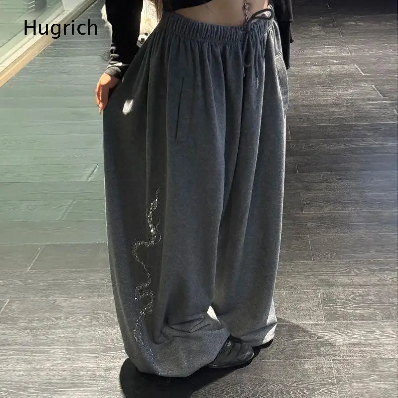 Ladies Elastic Waist Rhinestone Decor Baggy Wide Leg Pants Loose Vintage Hip Hop Jazz Dance Casual Street Trousers