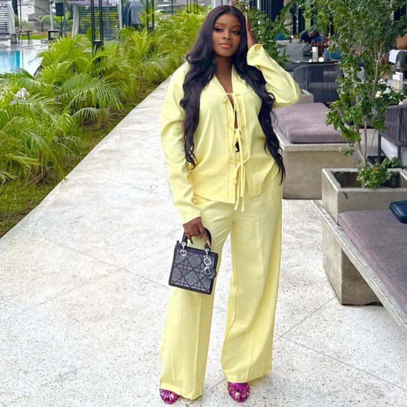 New Design African Fashion Women Two Piece Set Solic Color Lace Up Shirt Top And Pants Set Outfits