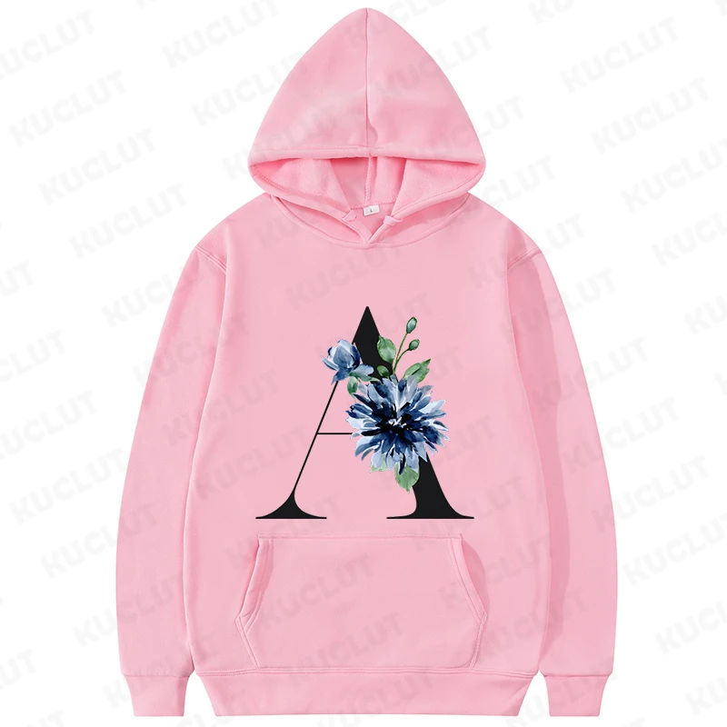 Women's Pink Hoodie 26 Alphabet Flower Letter Print Sweatshirt Fashion Sweat-shirt A-Z Letter Print O-Neck Outerwear Hoodies