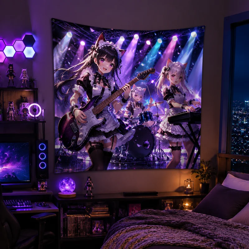 VIKAMA Cat-Eared Witch Anime Tapestry, Cute Magical Girl Print Wall Hanging, Dorm Room and Bedroom Backdrop, Home Decor