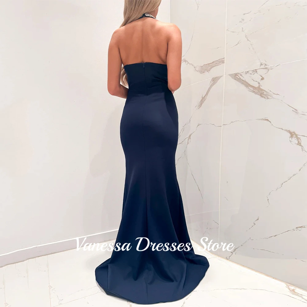 Robe de soirée saoudienne en cristal scintillant, col licou, personnalisée, sans manches, sirène, dos nu, bleu foncé, robe de soirée