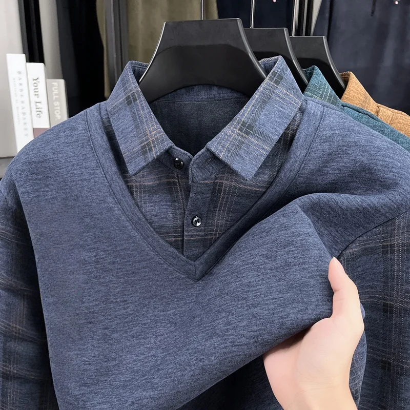 

Designer Brand Men's Lapel Fake Two-Piece Fleece-Lined Knitwear Autumn New Arrival Plaid Fashion Business Casual Office Menswear