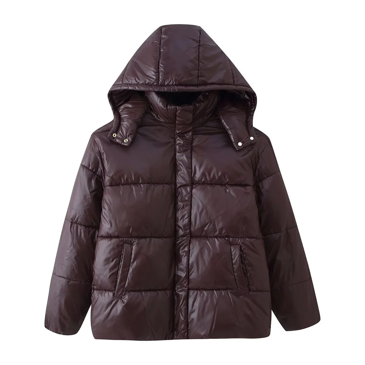 

2025 Winter New Women's Casual Fashionable Simple Elegant Zippered Long-Sleeved Stand Collar Hooded Puffer Jacket Coat