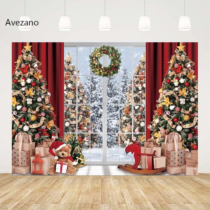 

Avezano Christmas Background Window Wreath Gifts Bear Xmas Tree Family Holiday Portrait Decor Photography Backdrop Photo Studio