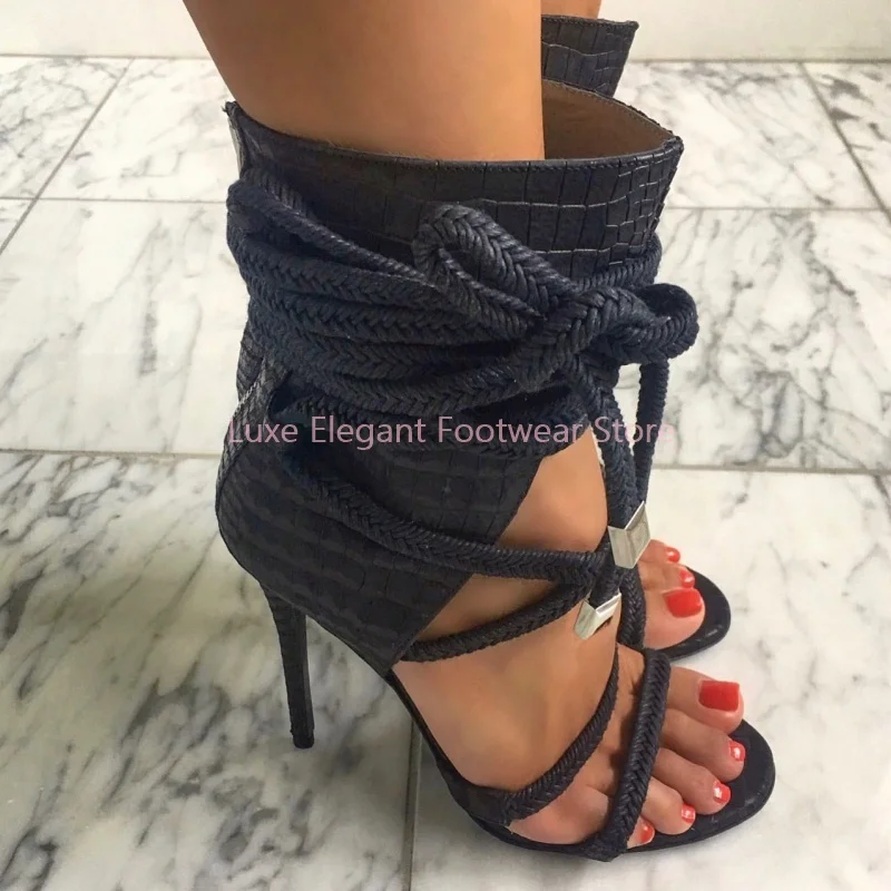Black Suede Rope Cross Strap Open Toe Ankle Boots Women Hollow Back Zipper Stiletto Sandals Retro Fashion Party Club Summer Shoe