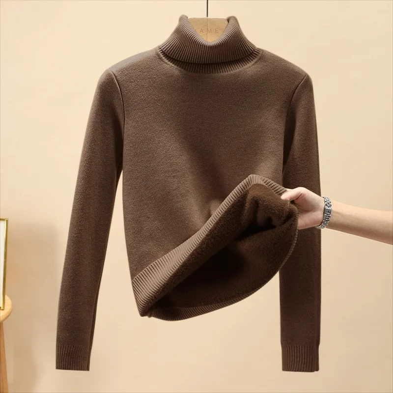 Winter 2026 Women Thick Fleece Lined Knit Sweater Fashion High Neck Warm Slim Pullover Basic Inner Base Layer Daily Top