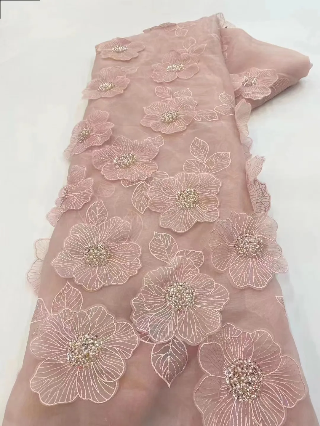 High Quality Flower Lace Fabrics 3D Embroidery Applique Beads Fabric for Wedding Evening Sewing Materials White Tulle Fabric