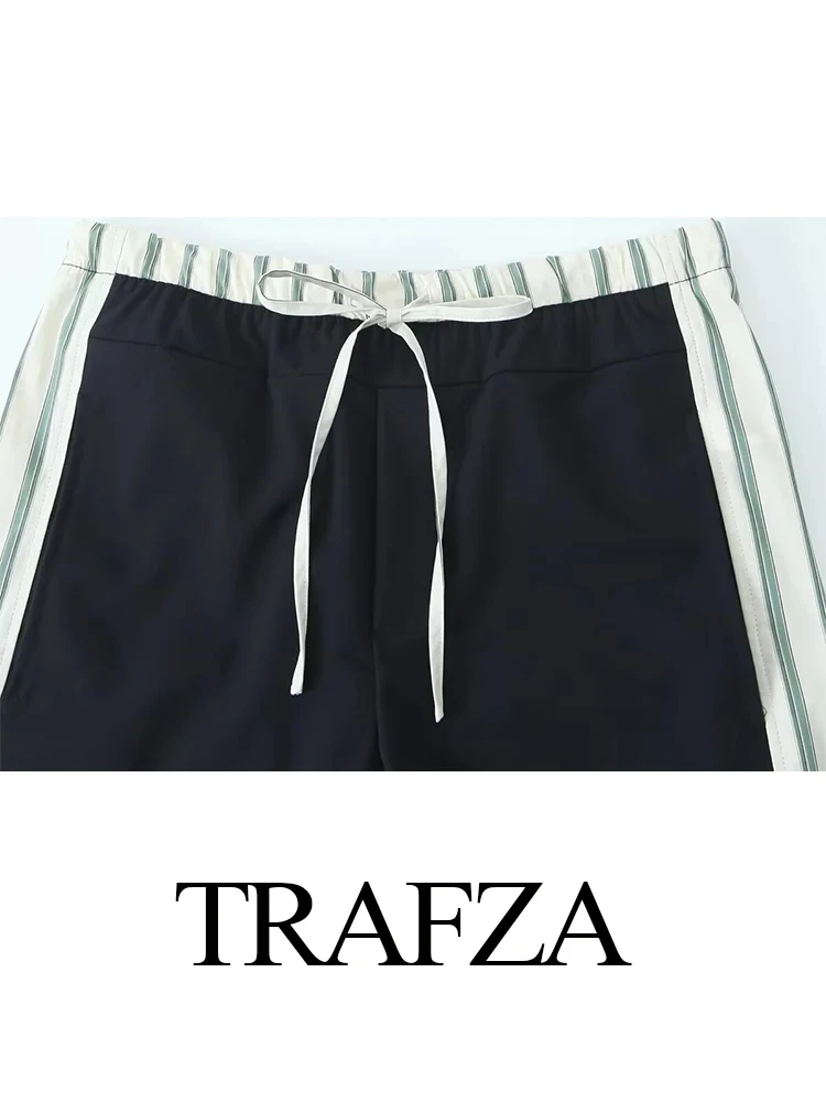 TRAFZA 2024 Spring New Female Stripes Lapel Short Sleeves Buttons Shirt Top + Lace Up Elastic Waist Woman Wide Leg Long Pant