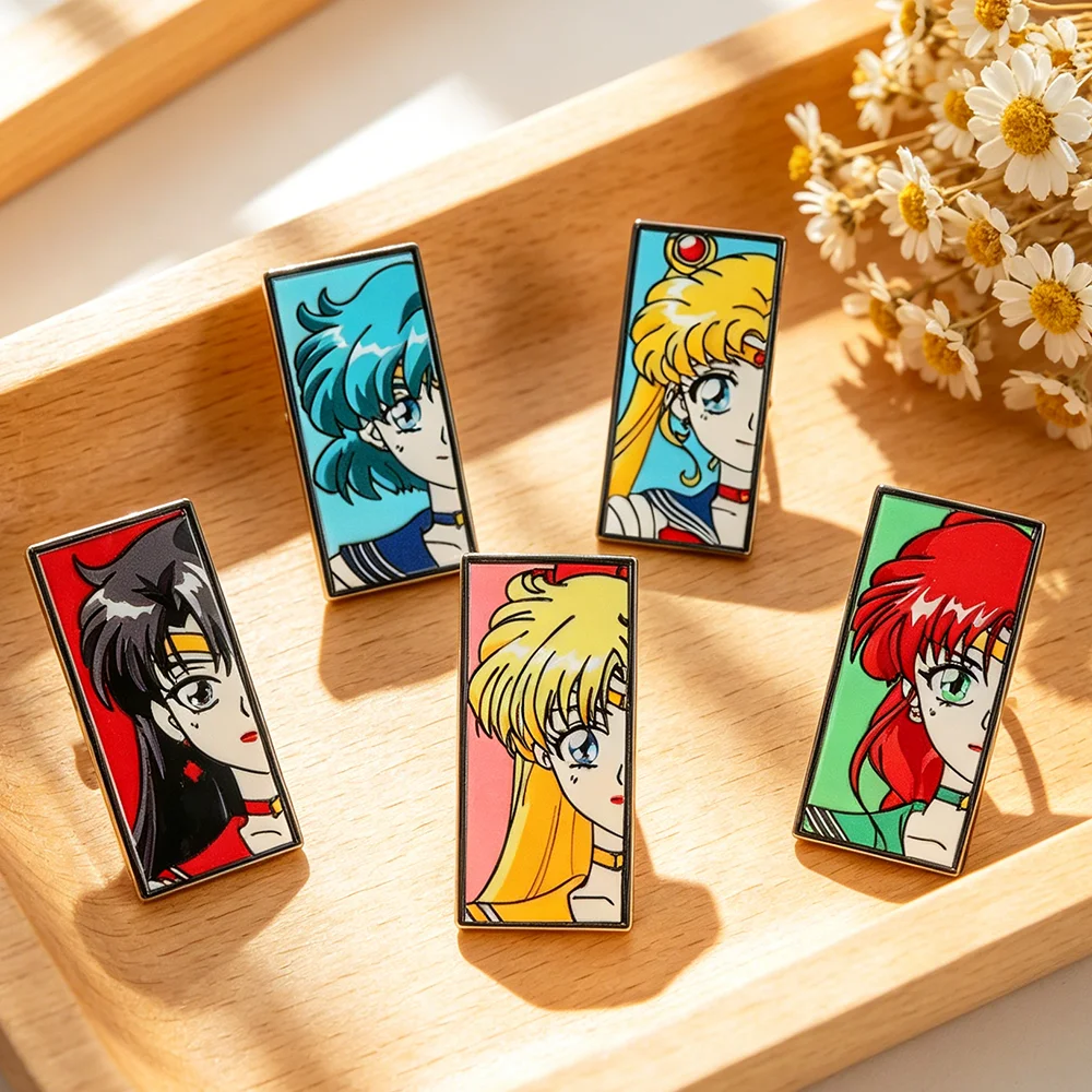 Sailor Moon Retro Anime Girl Enameled Lapel Pin Rectangle Metal Badges for Backpack Collectible Gift for Anime Fans