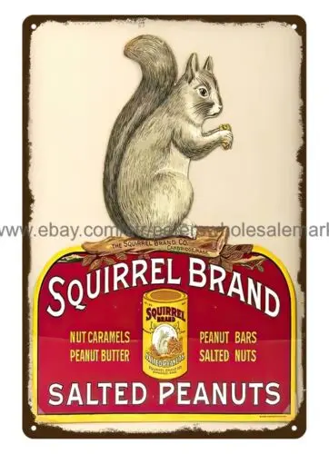Letrero metálico de la marca Squirrel con diseño de cacahuetes salados, para decoración de interiores residenciales.