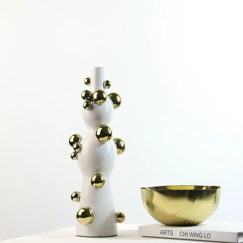 Ceramic Vase Embossed Gold Balls Abstract Geometric Dots Flower Arrangement Accessories Home Crafts Ornaments