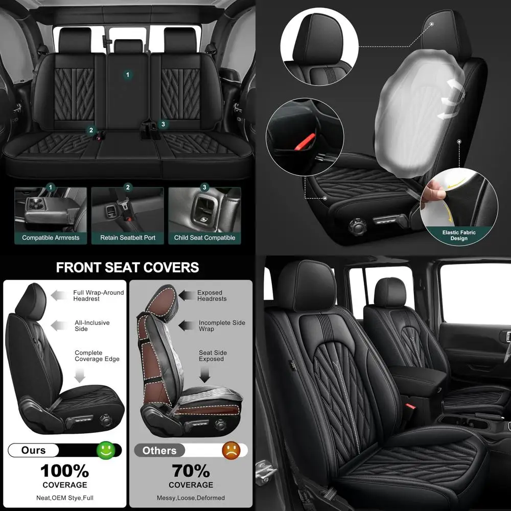 

Чехлы на сиденья, полный комплект, подходят для Jeep Gladiator 2020-2024 2025, кожаные чехлы на сиденья для автомобиля, грузовика (черный)