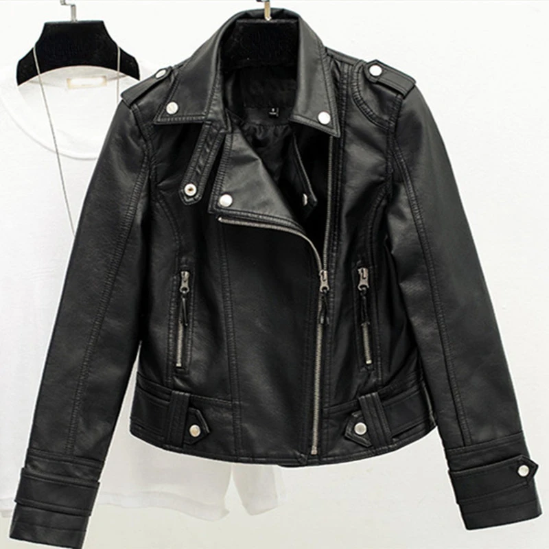 Spring and Autumn New Slim Collar Leather jacket  Women\'s Short PU Motorcycle Coat