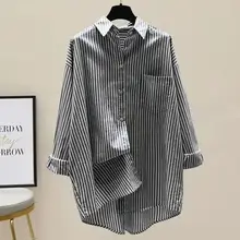 Verão outono listrado camisa feminina moda feminina senhora do escritório blusa solta manga longa proteção solar topos camisas casuais