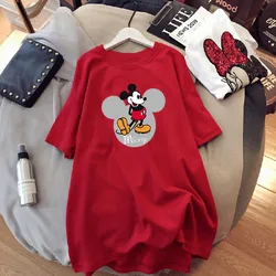 Camiseta moda mickey mouse padrão dos desenhos animados verão feminino de manga curta solta tamanho grande seção fina meia mangas compridas