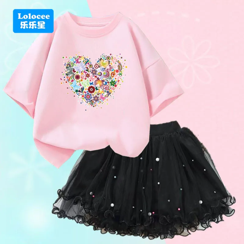 2-teiliges Mädchen-Outfit, rosa Herz-Print-Oberteil + Tüll-Tutu-Rock mit Perlen | Lässige Partykleidung für Mädchen | Modeset für Kleinkinder 3-14 Jahre AXHD1