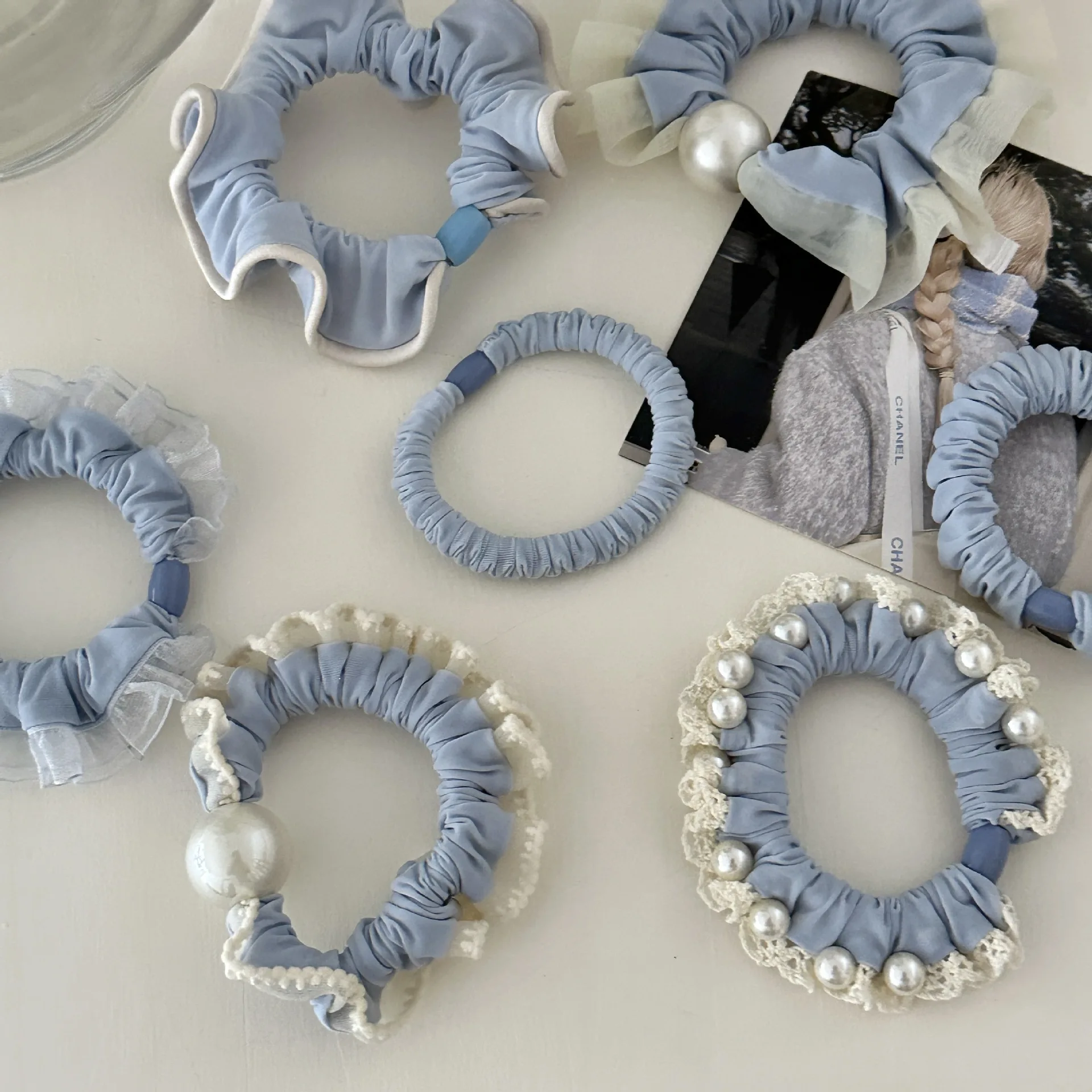 Fashion Hair Band 1PCS Blue Soft Pearl Lace Trim Beaded Thin Elastic Gentle for Women Girls