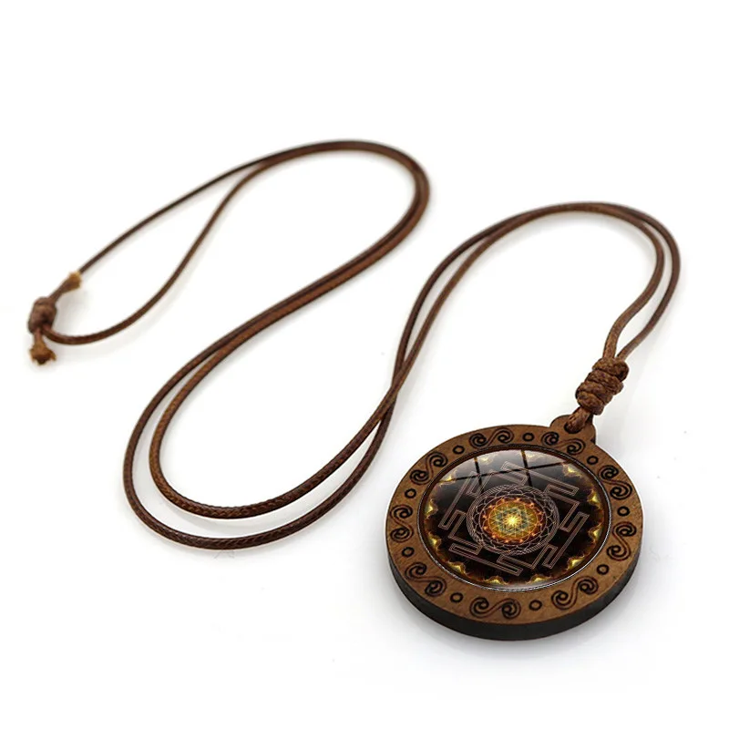 Mandala Hexagram Magic Array Time Gem Wooden Pendant Retro Brown Wax Rope Necklace