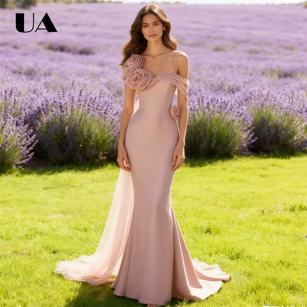 فستان سهرة طويل وردي رومانسي للنساء 2022، فستان حورية البحر بدون أكتاف للحفلات الراقصة مع ذيل شبكي، فساتين كوكتيل مسائية رسمية
