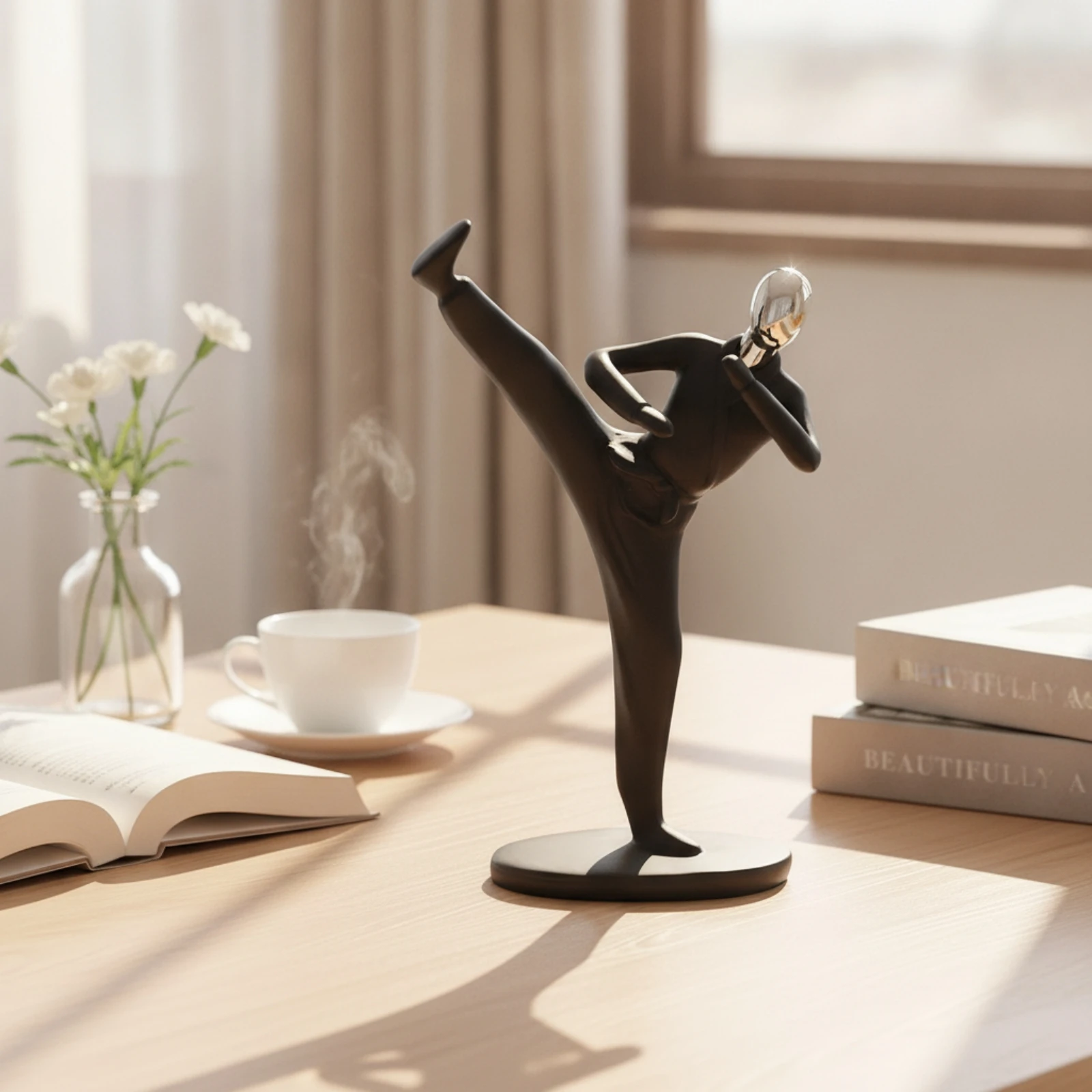 Taekwondo Sculpture with Oval Base Dynamic Taekwondo Statue Combat Arts Statue Glossy Decor Reflective for Athletes, Office