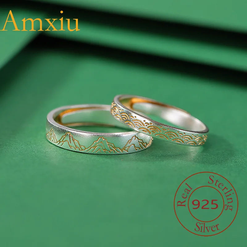Amxiu Sterling Silver 999 Gold Plated Promise New Chinese Style Couple AB Version Design Sense Adjustable Ring