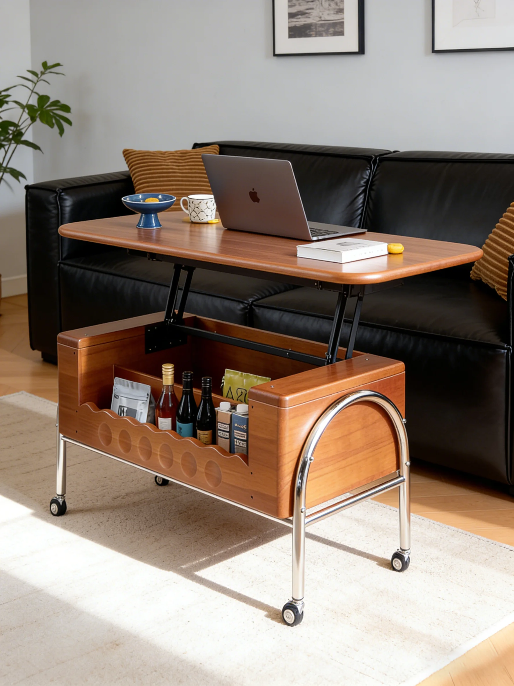 Multifunctional movable lifting Liuchuan coffee table medieval living room household French retro side table dining solid wood