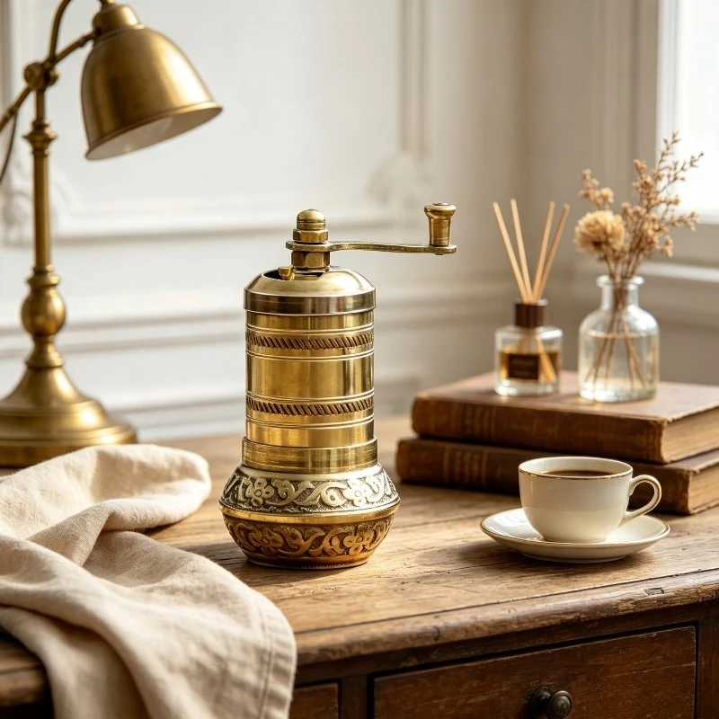 Hand-carved Turkish Brass Coffee Grinder, Manual Adjustable Fine Burr Mill with Anti-oxidation Coating, Portable Spice Tool.