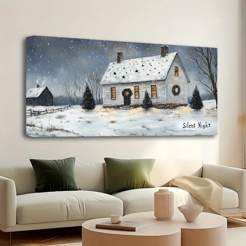 

1.5 inch thick pine solid wood frame, Christmas cabin artwork, psychedelic winter tree landscape wall decoration