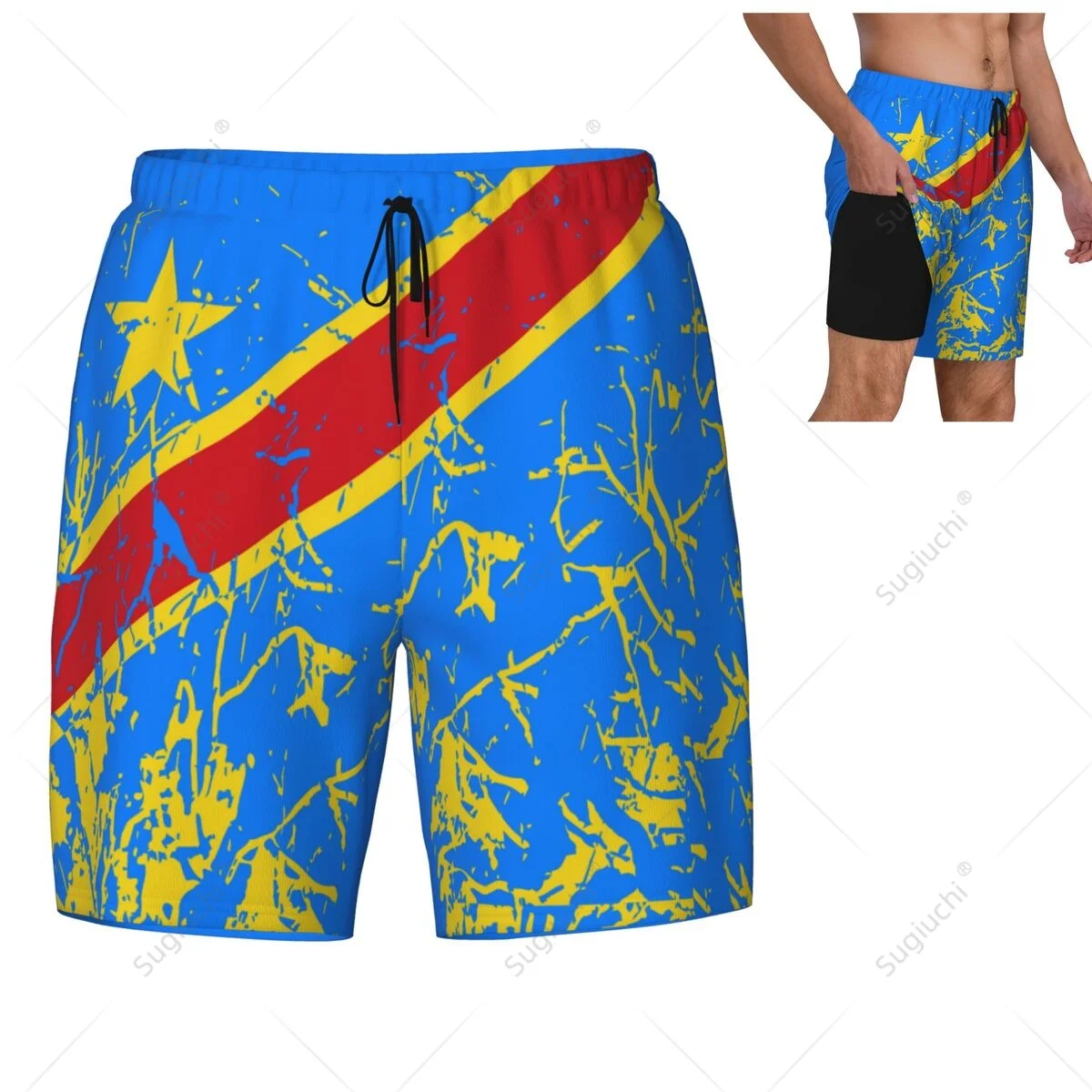 

Democratic Republic Of Congo Flag 3D Mens Swimming Beach Surfing Pants Swim Shorts Trunks Compression Liner 2 in 1 Quick-Dry