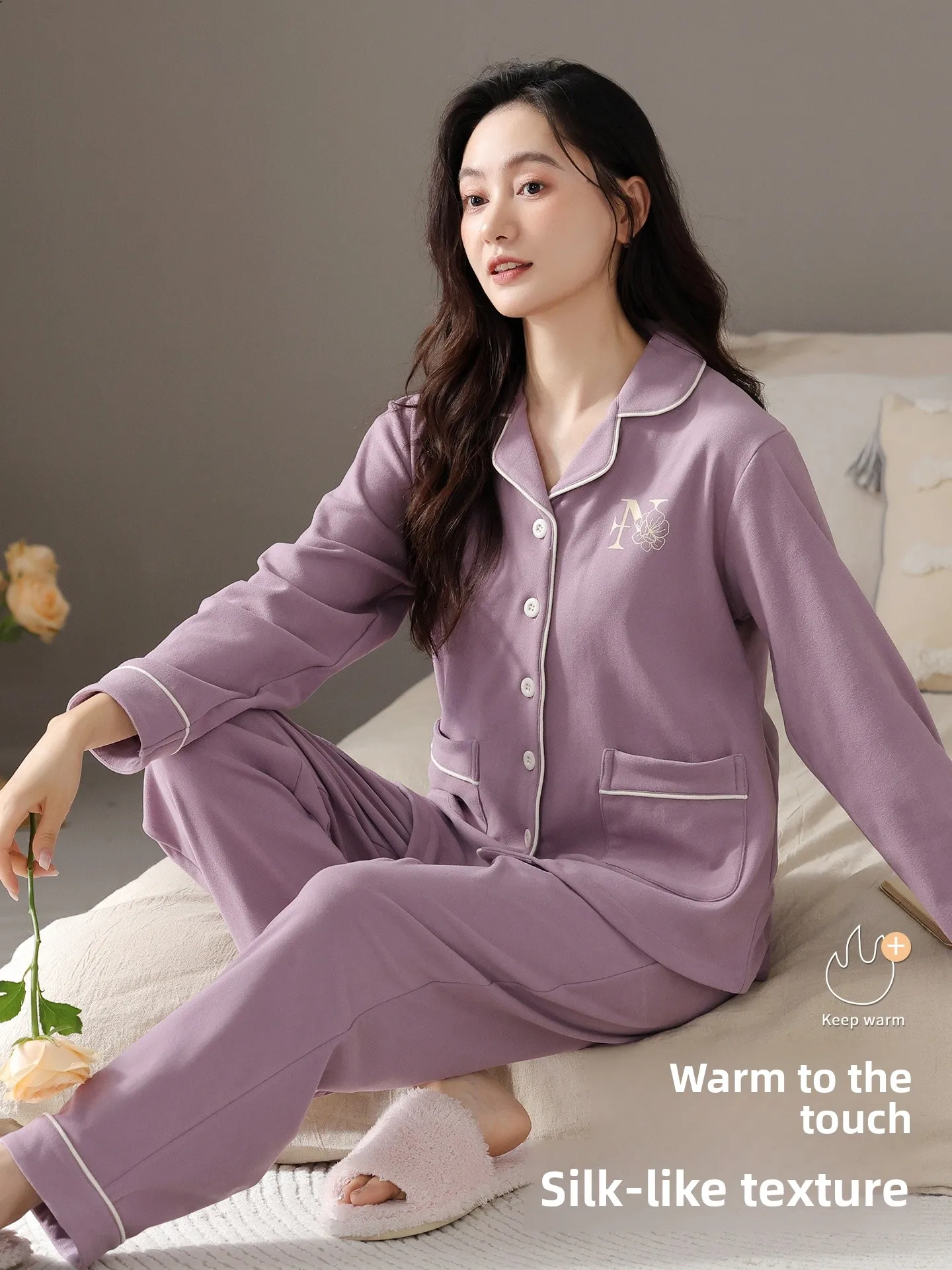 fenteng-care-women's-thickened-long-sleeve-sleepwear-autumn-winter-home-clothes-soft-polyester-fiber-comfortable-casual-style
