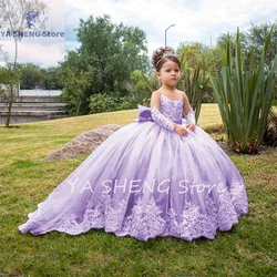 Glitter Puffy Lace Flower Girl Princess Dress With Bow Crystal Scoop Evening Prom Dress Nude Ruffles Sleeveless Girl Wear