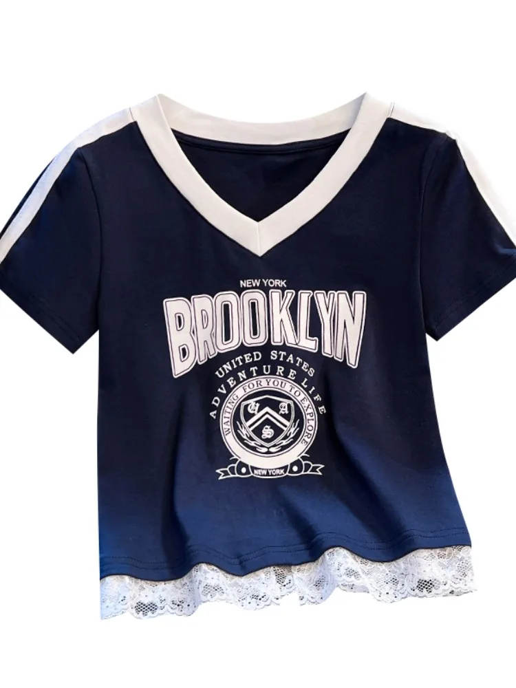 Summer ort Sve V-Ne Lace T-irt Women's Slim Fit  Design Self-Kee Sle Korean Commute Cotton Polyester Blend