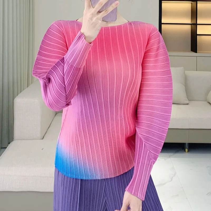 

Miyake Pleated Long-sleeved Tops Women 2025 Fall New Long-sleeved T-shirt Printed Loose Pleated Plus Size Clothing Wrinkle-Free