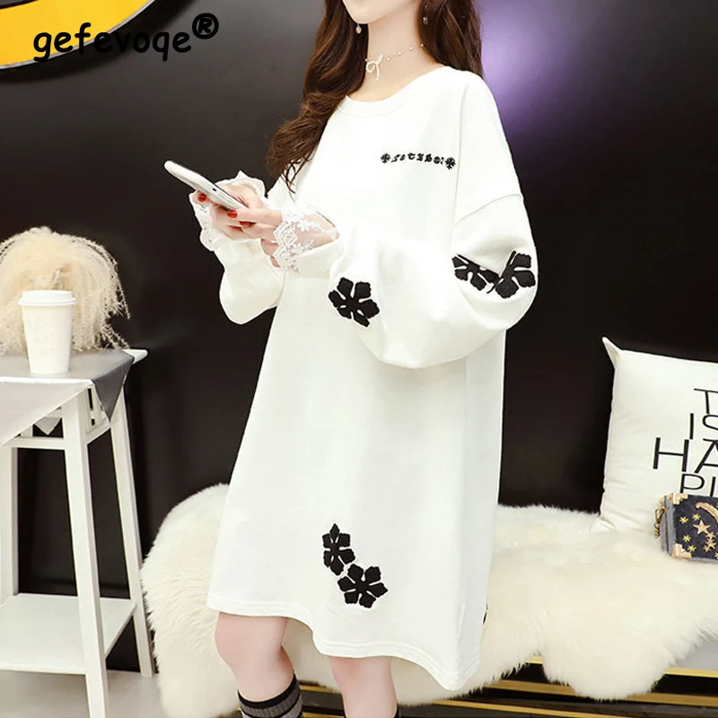 Autumn Korean Lace Patchwork Applique Oversized Harajuku Sweatshirt for Women Casual Streetwear Long Sleeve Pullovers Top Female