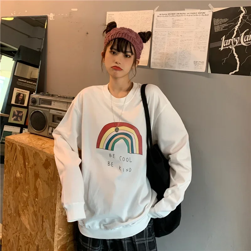 Rainbow Printed Cotton Pullovers Women O-Neck Long Sleeve Loose Casual Sweatshirts Korean Fashion Warm Leisure All-Match Tops