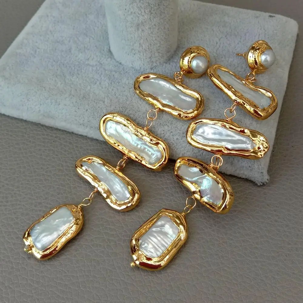 KKGEM Natural multi shape 10x27mm White Biwa Freshwater Pearl Yellow Gold Wrap Stud Earrings wedding classic for women
