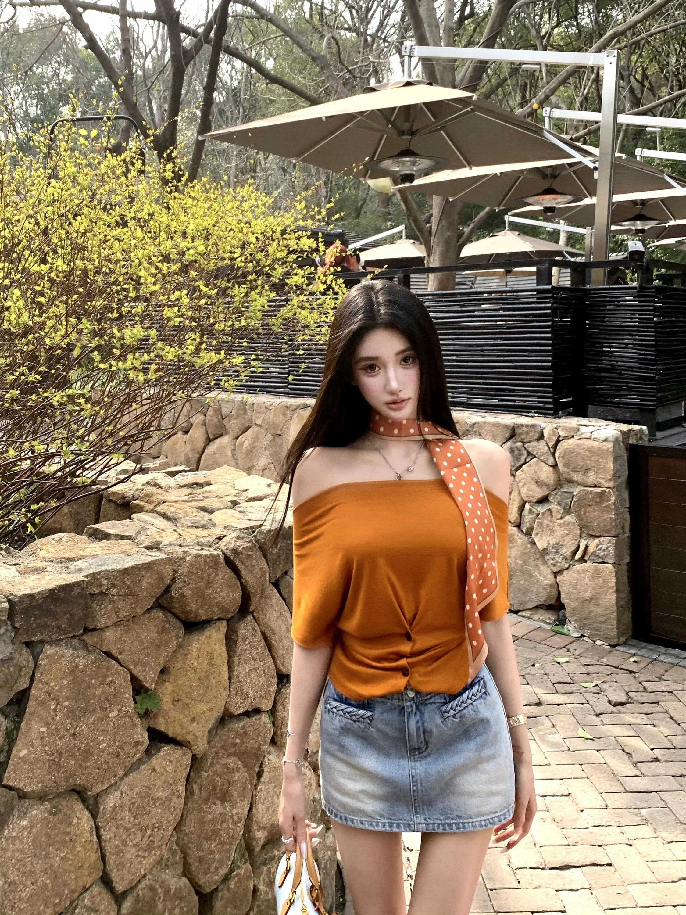 

Трикотажный топ Sweet Cool Pumpkin 682 из лиоцелла Lenzing, на одно плечо, с коротким рукавом, женский, модный, весенний, эластичный, стандартный крой, короткий...