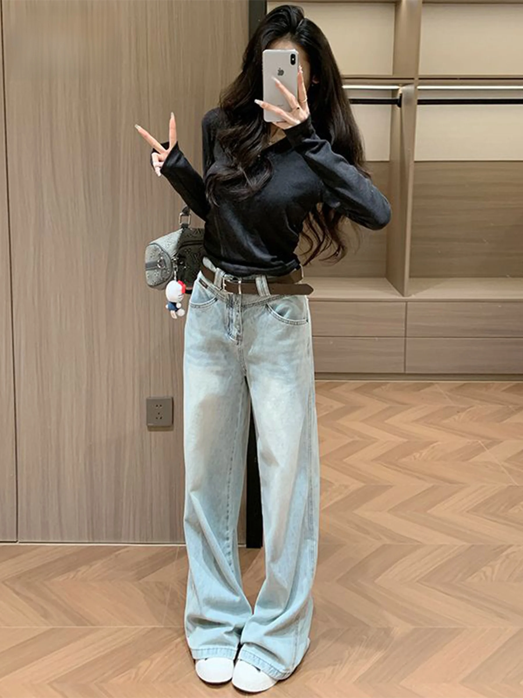 

Светло-голубые американские джинсы с эффектом потертости, с высокой талией, широкими штанинами, свободного прямого кроя, женские, повседневные, весна-лето