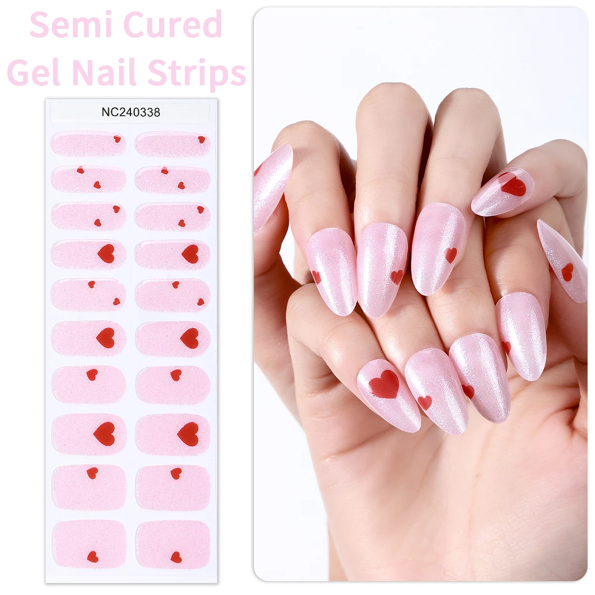 

20Tips Glitter Heart Semi Cured Nail Gel Strips Romantic Valentine Gel Nail Stickers Long Lasting Self-Adhesive Gel Nail Wraps