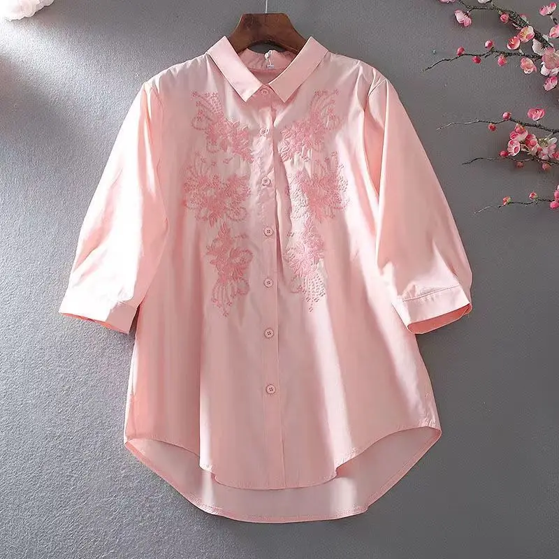 Women\'s Vintage Embroidery Chic Solid Cotton Button Up Shirt 2023 Spring Summer Simple Casual Loose 3/4 Sleeve Blouse Top Blusas