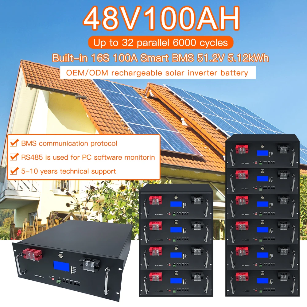 48v Lifepo4 Batterijrek 5kwh 10kwh 15kw Zonne-energie Opslag Lithiumbatterij 48v 100ah 200ah 300ah Batterij