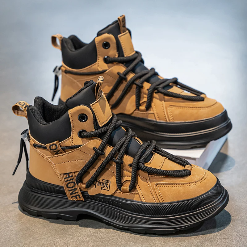 

High Quality Khaki Men's Motorcycle Boots Lace-Up Platform High Top Shoes for Men Outdoor Comfort Ankle Boots Men Casual Boots