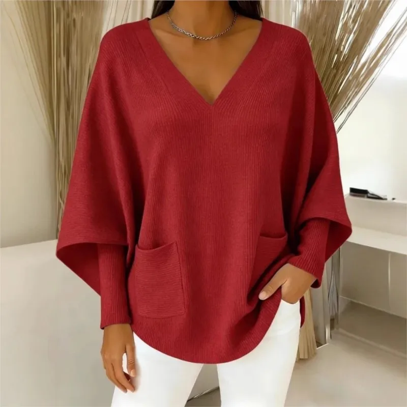 2026 New Autumn/Winter Women's pullover Solid Color V-Tie Pocket Casual Loose Fashionable Comfortable Versatile Simple pullover