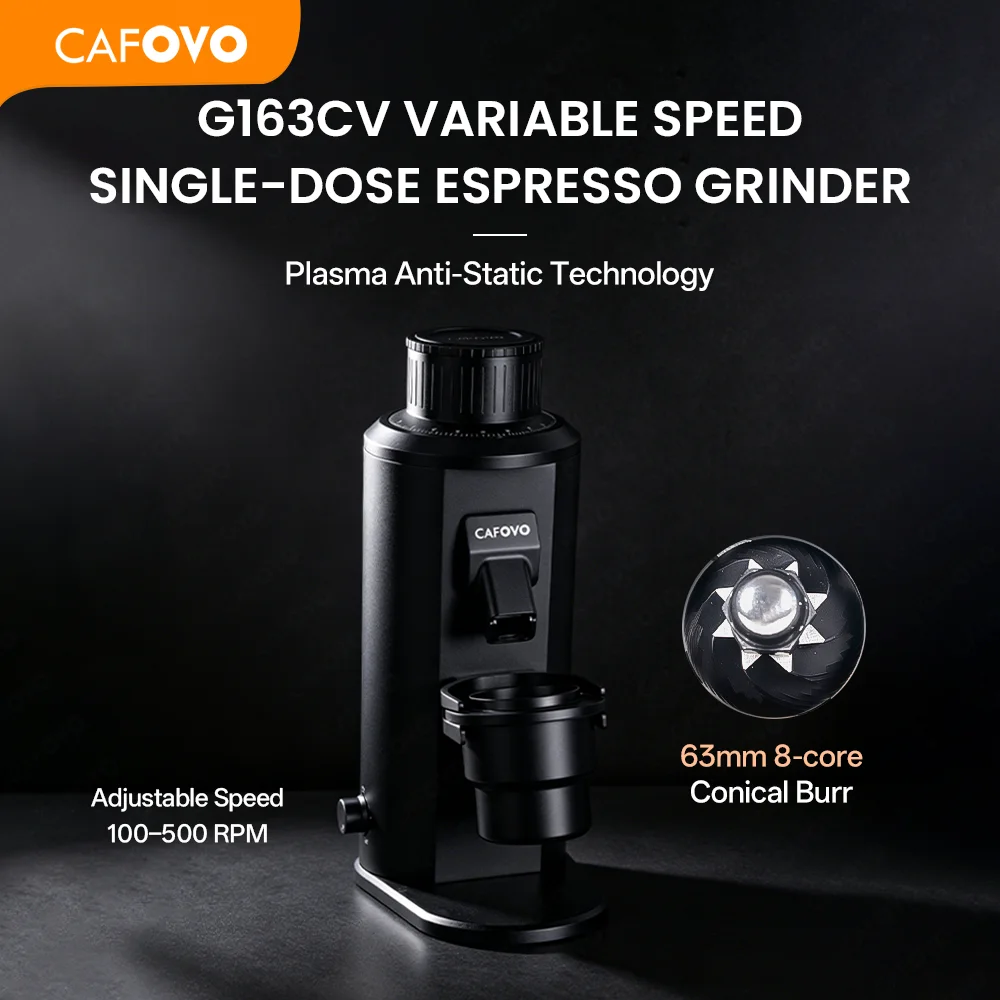 CAFOVO G163CV Variable Speed Single-Dose 100-500RPM Espresso Grinder 63mm Conical Burr Plasma Anti-Static Stepless for Barista