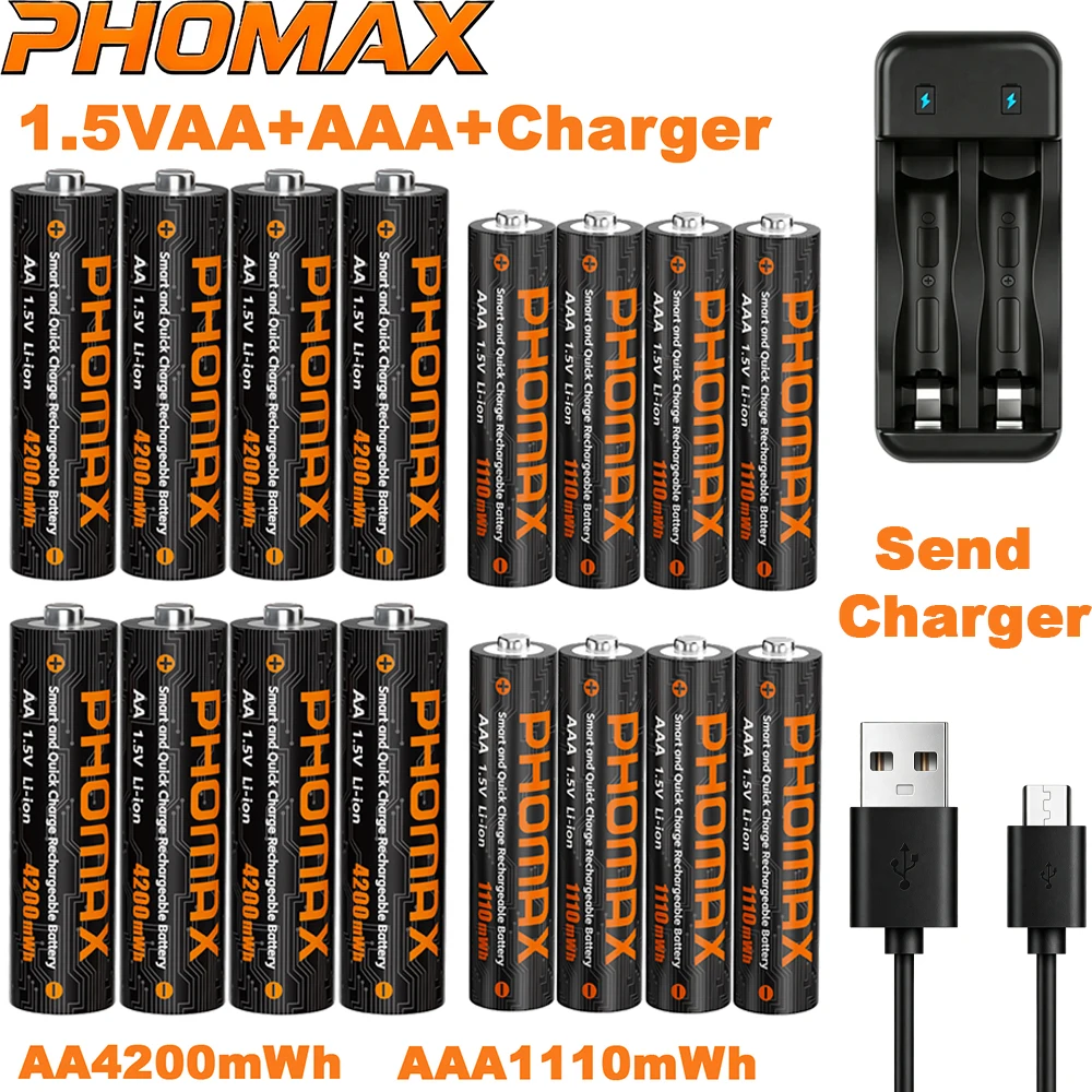 PHOMAX – akumulator AA/AAA z ładowarką. Baterie litowe 1,5 V, AA 4200 mWh, AAA 1110 mAh, do zasilania pilotów, zegarów, czujników i zabawek.