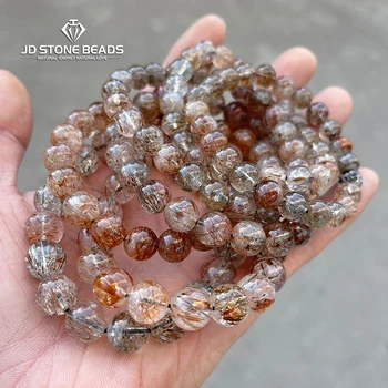 Pulseras de cuentas de cristal de cuarzo Natural negro dorado Super Seven, brazaletes de piedras preciosas de energía curativa de Reiki a la moda para mujer, joyería para la muñeca